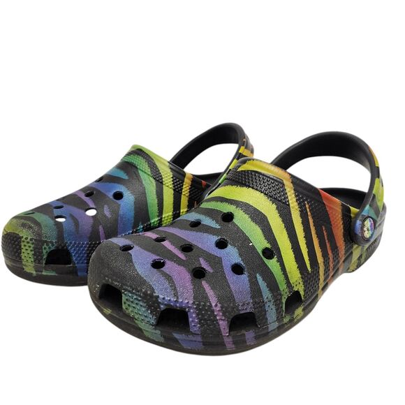Crocs Classic Clogs Womens 6 Mens 4 Black Rainbow Zebra Stripes Slip On Casual - Picture 2 of 10